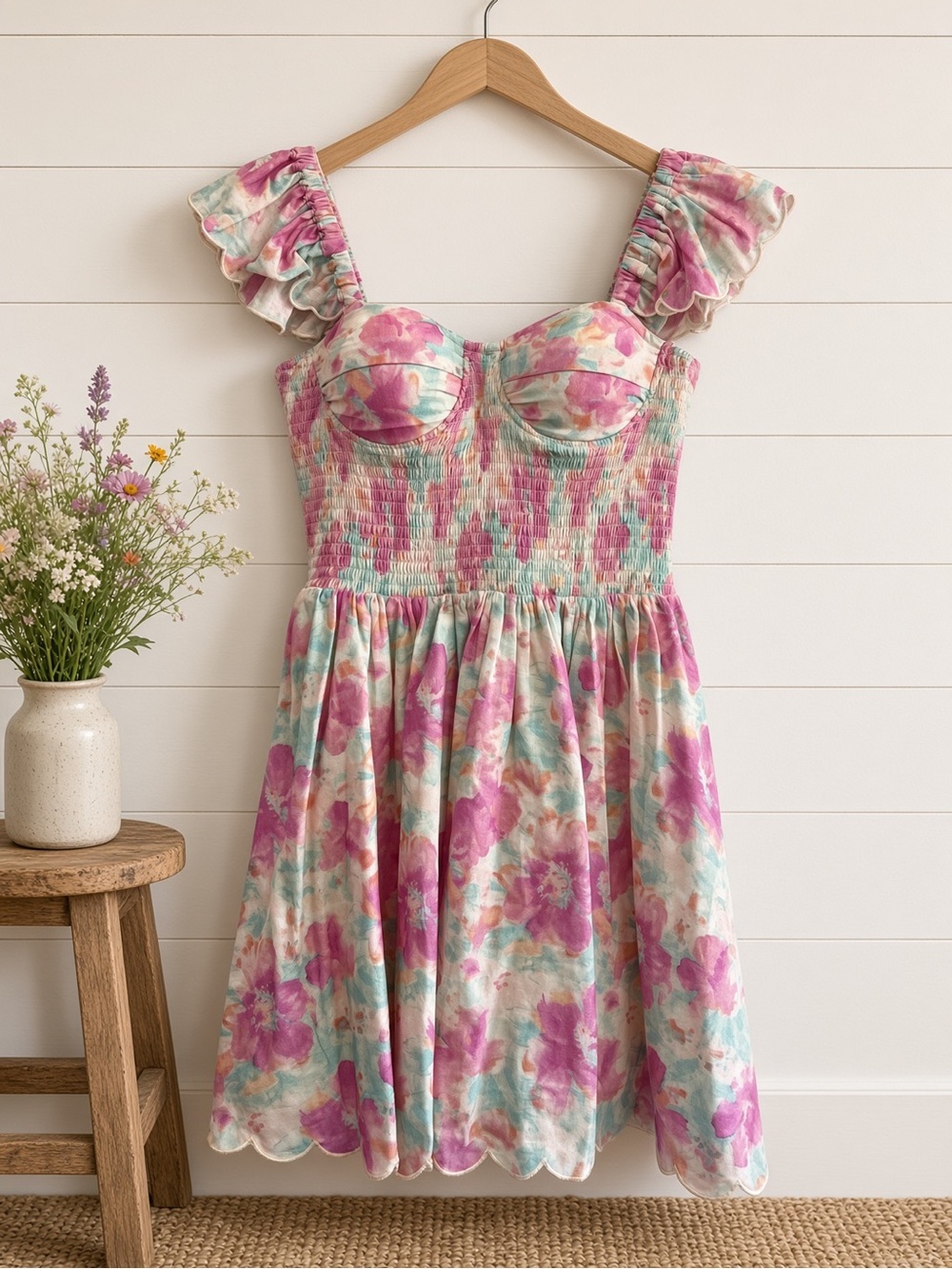 Floral Print Ruffle Sleeve Smocked Mini Dress Medium